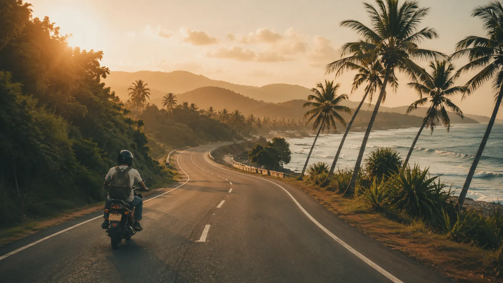 Rider on a motorbike along a palm-lined coastal road in Sri Lanka at sunset